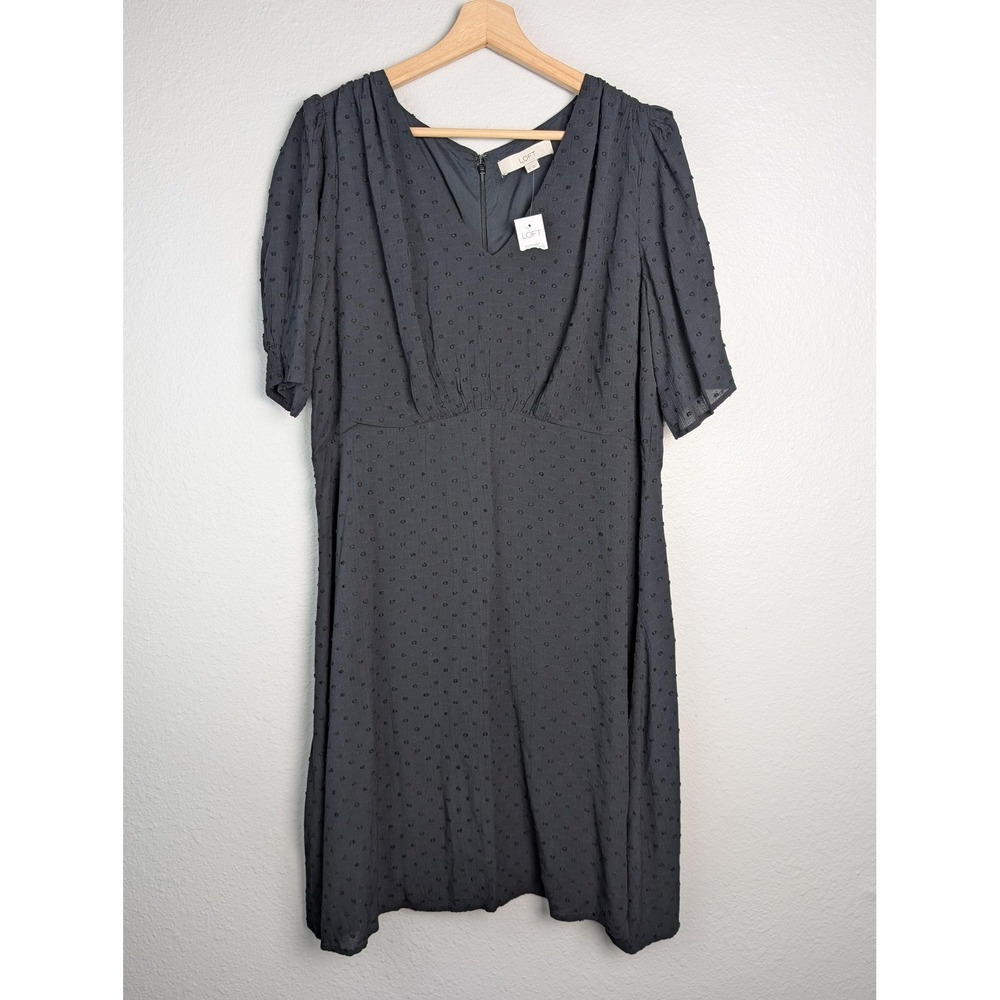 LOFT Dress Womens 12 Gray Fit & Flare Knee‎ Length V-Neck Puff Sleeve Polka Dot